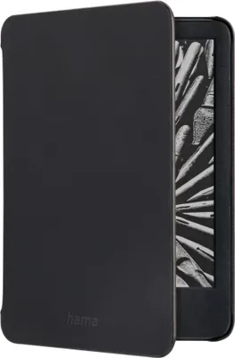 A black eBook case is shown open, revealing the screen of an e-reader inside.