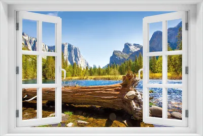 Produktbild von Wallario Wandbild aus Acryl, 60 x 90 cm, freischwebende Optik - Baumstamm im Fluss zwischen Bergen und Wäldern mit Fenster-Illusion