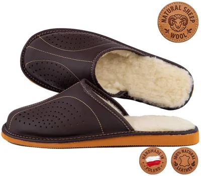 Productafbeelding van Heren slippers, leren, bekleed met schapenvacht, bruin, met de hand genaaid, maat 40