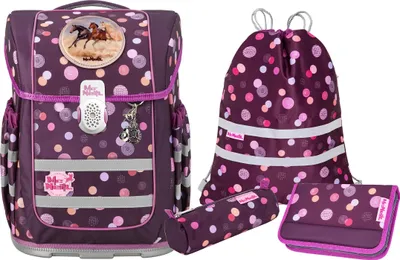 A set of school supplies including a backpack, a drawstring bag, a pencil case, and a small pouch, all with a purple background and a polka dot pattern.