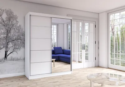 Obrázok produktu pre Schwebetürenschrank Kleiderschrank Schrank Garderobe Spiegel Vista 05 (Weiß/Weiß) + Spiegel