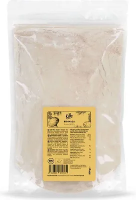 A bag of maca powder with a yellow label.
