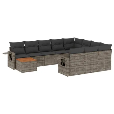 Produktbild von Modulare Garten-Sofagarnitur, 11-teilig, für Außenbereich, UV-beständiges PE-Rattan, pulverbeschichteter Stahl, Akazienholz-Tisch, Grau, mit Kissen