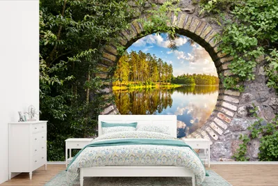 Produktbild von MuchoWow® Fototapete für Wohnzimmer oder Schlafzimmer Wandtapete Vinyl Motivtapete Bäume - Wasser - Aussicht - 450x300 cm - Gemusterte
