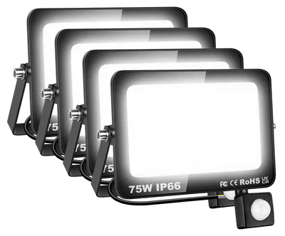 LED-Flutlicht 4er-Set 75 W, 7500 lm, 6000 K, PIR-Sensor, IP66