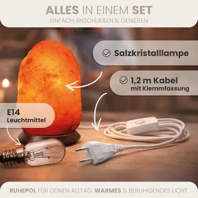 Produktbild von HAF Rosa Salzlampe aus echtem Kristallsalz | 4-6 kg Salzkristalllampe in Naturform | Salzsteinlampe auf Holzsockel aus der Salt Range Punjab