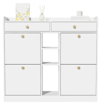 Immagine prodotto di Armadietto per scarpe da ingresso - Contenitore moderno per scarpe con 4 ante e 2 cassetti - Legno - Stretto, dimensioni 110x26x100 cm - Bianco