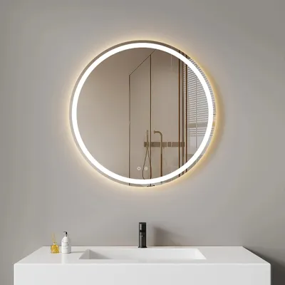 Produktbild von LED Badezimmerspiegel - Runder Wandspiegel 60 cm - Hintergrundbeleuchtet - Beschlagfrei - Dimmbar - Touch-Schalter - EU‑Stecker 220–240 V - Gelb