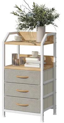 Produktbild von Nachttisch Beistelltisch mit 3 Stoffschubladen und offenem Regal Khaki 40x30x75cm