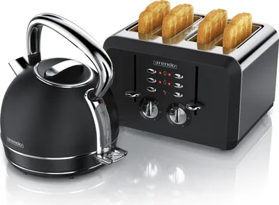 Produktbild von Arendo Frühstücks-Set Edelstahl, Wasserkocher mit Temperatureinstellung 1,7l, Toaster 4 Scheiben Kurzschlitz, Retro Wasserkocher, Vintage Toaster, schwarz