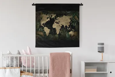 Produktbild von MuchoWow® Wandteppich Wandbehang Weltkarte - Gold - Blätter 90x90 cm Tapisserie Dekoration Wandtuch - Wandaufhänger