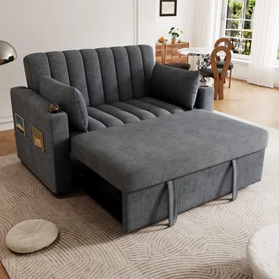 Produktbild von Merax Schlafsofa, mit Schlaffunktion, 2-Sitzer Bettsofa mit verstellbarer Rückenlehne, Getränkehalter, Couchgarnitur, Wohnzimmersofa, Grau