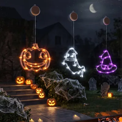 3er Set Halloween Fenster LED Lampen Kürbis Geist Hexenhut