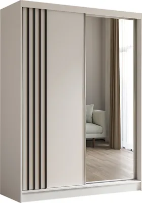 Image de Armoire Neli de 160 cm avec lamelles et miroir, comprenant 2 portes coulissantes Armoire à portes coulissantes (couleur : blanc, blanc, lamelles noires)