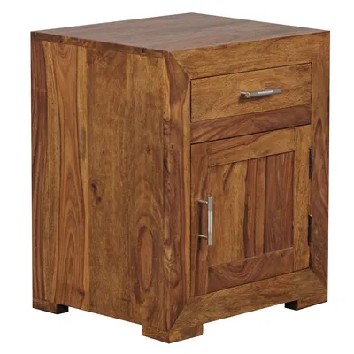 Produktbild von Nachttisch MUMBAI Massivholz Sheesham Design Nachtkommode 60 cm mit Schublade und Tür Nachtschrank für Boxspringbett