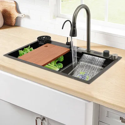 Obrázek produktu pro Kuchyňský dřez – sada dvou umyvadel – s baterií – nerezová ocel 201 – nano povlak – 80 × 46 × 20 cm – výška baterie 40 cm – 60 cm připojovací hadice – černá