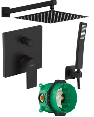 Produktbild von Hansgrohe Ibox 1 Grundkörper + hans grohe Vernis Shape Einhebelmischer schwarz matt FMS + Kreabad Handbrause, Wandanschluss, Schlauch, Regenbrause set