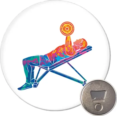 Produktbild von Huuraa Magnet Fitness Training Bench Press bunte Silhouette 59mm Kühlschrankmagnet rund Flaschenöffner Geschenkidee