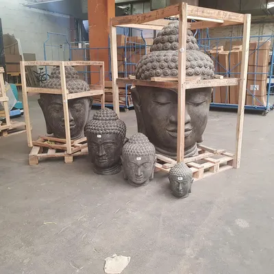 Produktbild von Buddha Kopf Head Steinfigur Skulptur Stein Lavasand Bali Garten Deko handgefertigt aus Bali Schwarz 33 cm