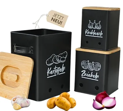Vorratsboxen-Set 3er-Pack für Kartoffeln, Zwiebeln & Knoblauch, schwarz