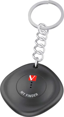 A black keychain finder device with a red and white logo and text.