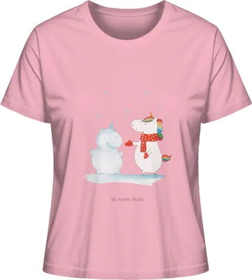 Produktbild von Mr. & Mrs. Panda Baumwoll T-Shirt Damen Einhorn Schneemann Größe L - Baumwolle Pink - Geschenk, für Frauen, Weihnachten, kalt, shirt, Schnee, Oberteil, Mit Print, Unicorn