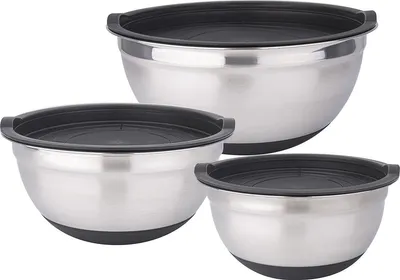 Produktbild von Set Rührschüssel 3 Schüssel Edelstahl Rutschfest Stapelbar in 3 verschiedenen Größen + 3 Deckel