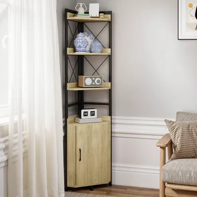 Produktbild von BALCONERA Eckregal 4 Ebenen mit Schrank, Eck-Bücherregal, Standregal Freistehend, Holzregal mit Stahlrahmen, Eichenfarbe