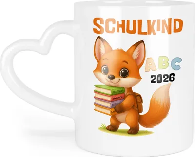 Produktbild von Schulkind 2026 Tasse Herzhenkel Fuchs – Geschenkidee Einschulung, niedliche Kinder-Tasse mit Herzgriff für Mädchen Jungen