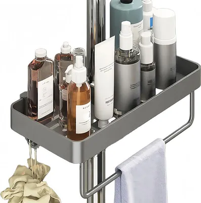 Produktbild von Duschablage, ohne Bohren, höhenverstellbar, Duschablage aus Aluminium, rostfrei, stabil und langlebig, mit Stange, grau