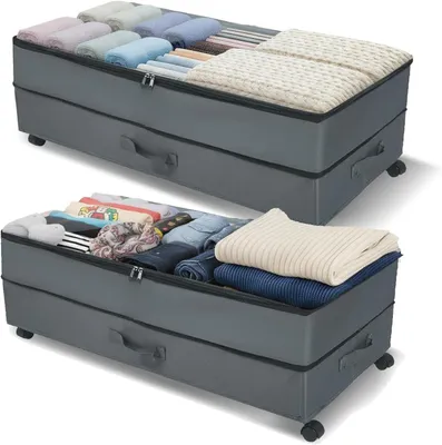 Productafbeelding van Verstelbare onderbedcommode met wieltjes - Set van 2 - 63-90 l XXL onderbedcommode en 3 handgrepen opbergdoos - Schoenen