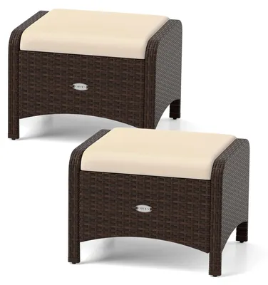 Produktbild von COSTWAY 2er Set Fußhocker Polyrattan, Sitzhocker mit abnehmbarem Kissen, Rattanhocker wetterfest, Gartenhocker für Garten, Balkon, Terrasse Beige