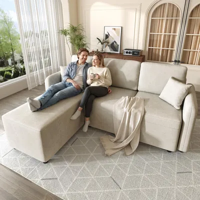 Productafbeelding van Merax L-vormige hoekbank met 3 zitplaatsen en een liggedeelte, chenillebank met hoogwaardig schuim, 2 kussens, massief houten frame, draagvermogen tot 150 kg, bank voor de woonkamer, beige