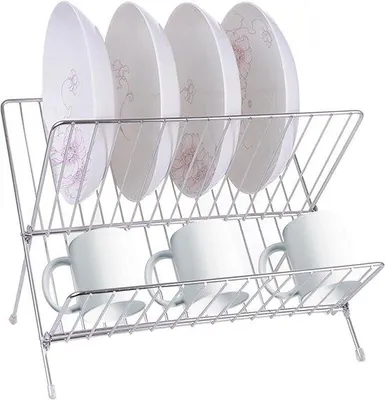 Imagen del producto de Estante plegable para platos con bandeja de goteo - 2 niveles de escurrimiento - Drenaje plegable para la cocina - Estante para fregadero de cocina, ideal para platos y vajilla