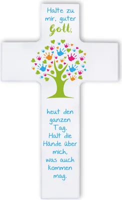 Produktbild von FRITZ COX Holz-Kinderkreuz Lebensbaum 'Halte zu mir' 15cm weiß