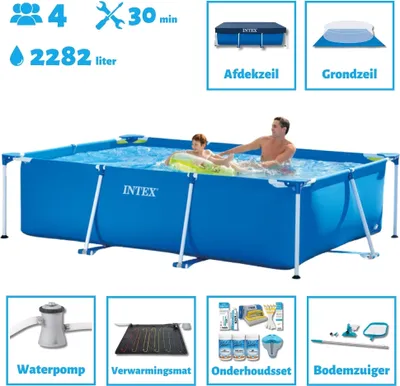 Produktbild von Intex-Schwimmbecken mit rechteckigem Rahmen – 260 x 160 x 65 cm – Blau – im Lieferumfang enthalten Abdeckung - Bodenplane - Filterpumpe für Schwimmbad - Solarmatte - Wartungspaket - Reinigungskit