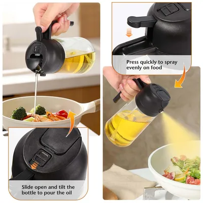 Imagen del producto de Dispensador de aceite para cocinar 2 en 1, de 470 ml, de vidrio, color negro