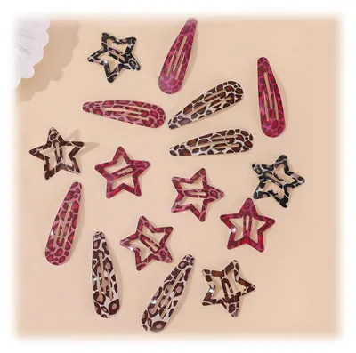 Produktbild von Metallene Haarspangen mit Schnappverschluss, 8 Paar Haarspangen für Damen – Stern- und Tropfendesign, rutschfeste Y2K-Accessoires für feines und dickes Haar, rosa und braun mit Leopardenmuster.