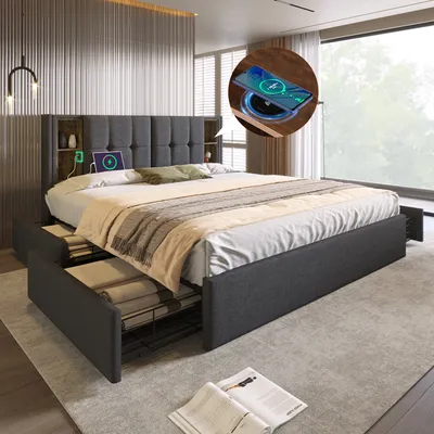 Produktbild von okwish Polsterbett Stauraumbett 160x200cm mit 4 Schubladen, Funktionelles Doppelbett mit Kabellosem Laden, USB und Typ-C ,Samt(Ohne Matratze)- Grau