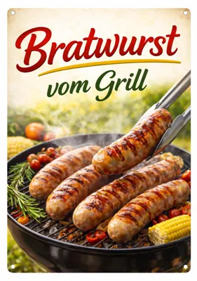 Produktbild von Blechschild 20x30cm Bratwurst vom Grill Retro Motiv Metallschild Grill Deko Wanddeko für Küche Imbiss Grillplatz und Restaurant AstraDesign