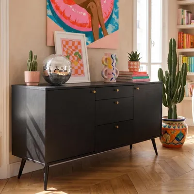 Produktbild von Designer-Sideboard aus dunklem Holz mit 2 Türen und 3 Schubladen  - Oviala Milo