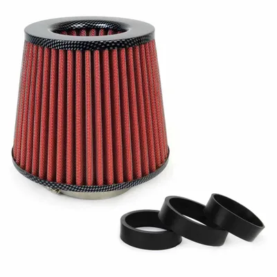 A conical red air filter with black trim and three black rubber rings.