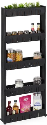 Image de Étagère de niche Relaxdays, 5 tablettes, étagère de niche étroite pour salle de bains et cuisine, L x P x H : 131 x 12,5 x 54 cm, étagère à roulettes en plastique, noire