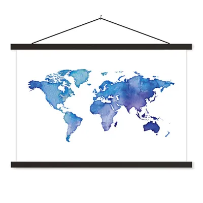 Produktbild von MuchoWow® Textilposter Weltkarte - Aquarell - Violett 90x60 cm mit schwarzem Rahmen - Aufhängungssatz