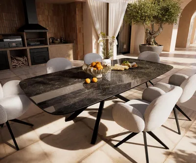 Produktbild von DELIFE Outdoortisch Edge Boot 240x120 cm Keramik Emperador Extra Lucidato Dunkelbraun Kreuzgestell Rechteck Schwarz