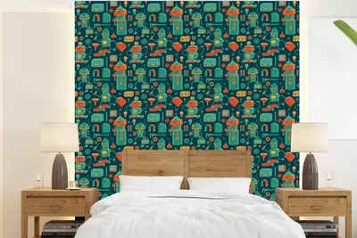 Produktbild von MuchoWow® Fototapete für Wohnzimmer oder Schlafzimmer Wandtapete Vinyl Motivtapete Muster - Roboter - Skateboard - Jungen - Kinder - Baby - 200x220 cm - Vinyltapeten