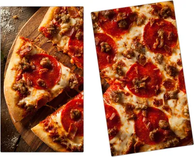 Produktbild von Spritzschutz Herdabdeckplatte Schneidebrett aus Glas Pizza scharf 2-Teilig (60x52cm)
