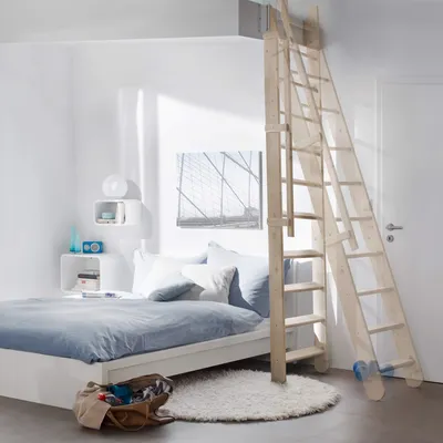 A bedroom with a loft bed accessed by a wooden ladder.