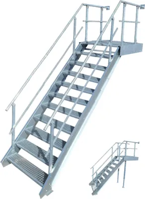 A metal staircase with a platform and railings, shown against a white background. A smaller, similar staircase is visible in the lower right corner.