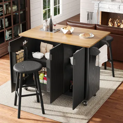 Immagine prodotto di Isola da cucina Sweiko, carrello da pranzo con venature del legno, buffet, 130x45(75)x92cm, carrello da cucina estensibile su ruote con portasciugamani, portaspezie, divisori regolabili, 3 ante, bianco/nero